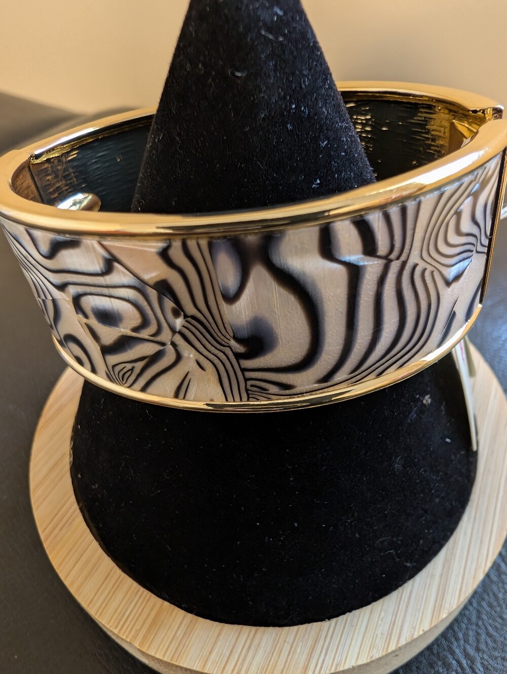 Gold-Trim Black and Cream Patterned Cuff Bracelet